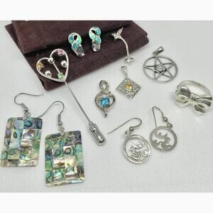 Sterling Silver Jewelry Lot: Gemstone Shell Opal Earrings Pendants Ring Pin